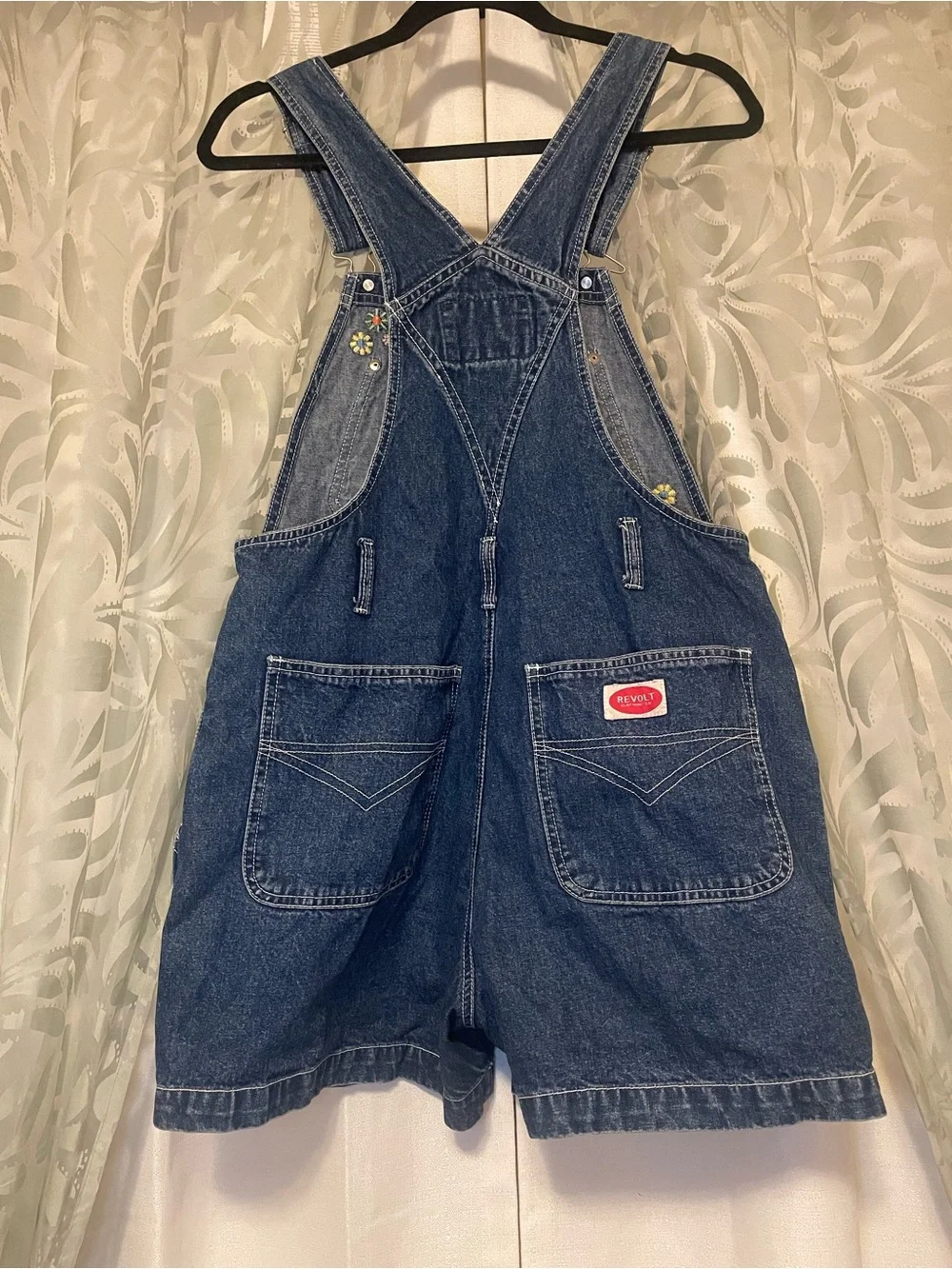 Vintage Revolt Short Denim Floral Overall Romper - Dark Blue - Picture 2 of 6